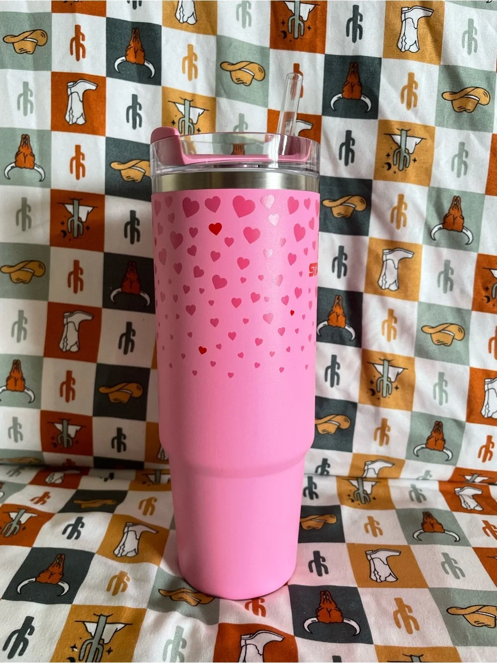 Stanley 30 oz Pink Heart Tumbler with Straw and Handle